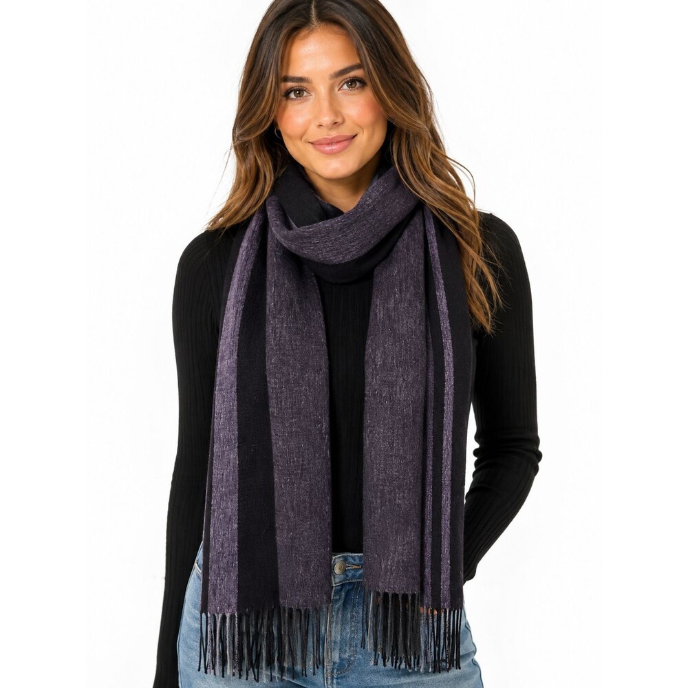 New Suantrai of Ireland 100% Pure Wool Scarf Fringe Stripe Eggplant Purple NWT
